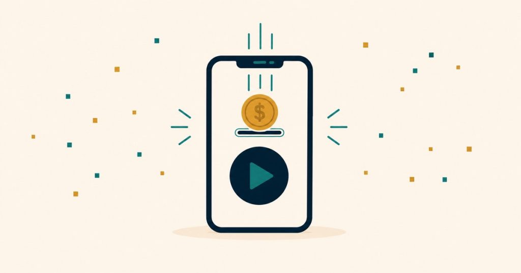 Smartphone receiving a gold coin above a video play button — monetized TikTok creator cashflow
