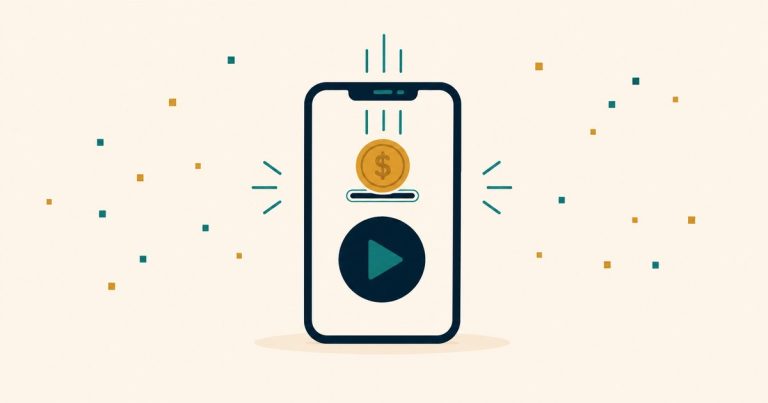 Smartphone receiving a gold coin above a video play button — monetized TikTok creator cashflow