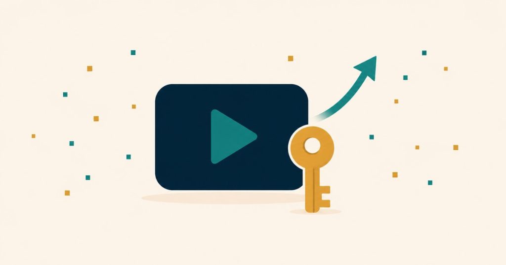 Video player with a gold key and rising growth arrow — unlocking a monetized YouTube channel