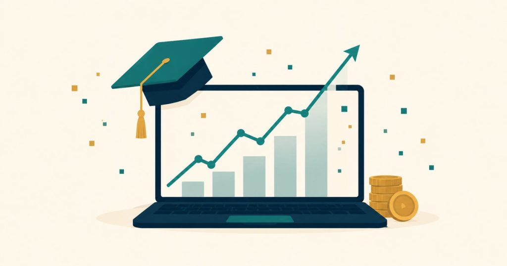 Graduation cap on a laptop showing a rising growth chart with gold coins — the e-learning opportunity