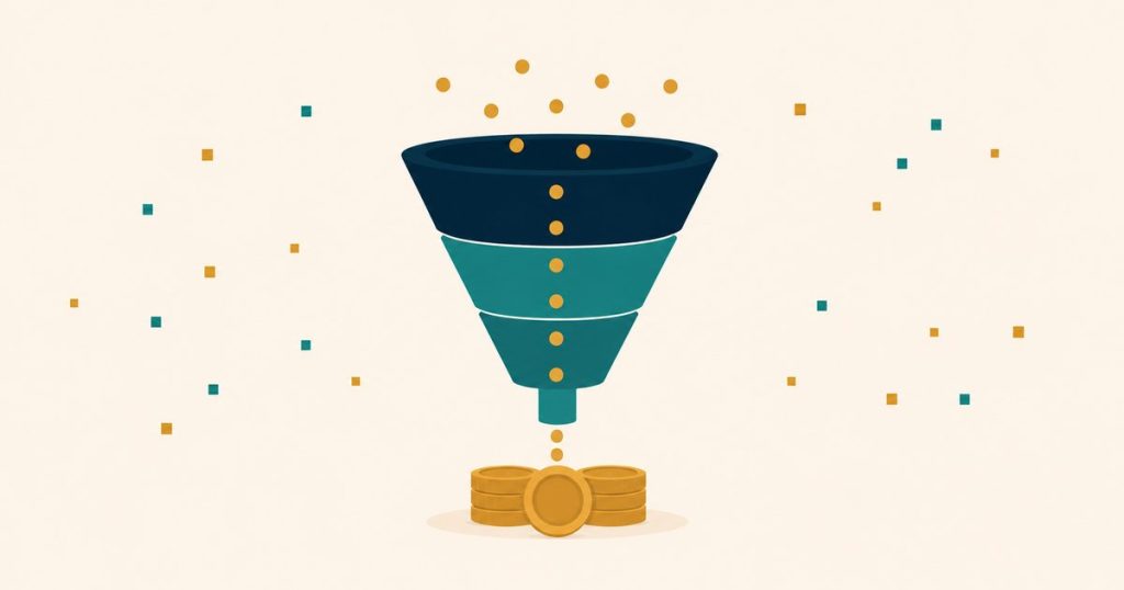 Marketing funnel converting gold coins into stacked money — lead generation funnel