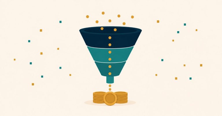 Marketing funnel converting gold coins into stacked money — lead generation funnel