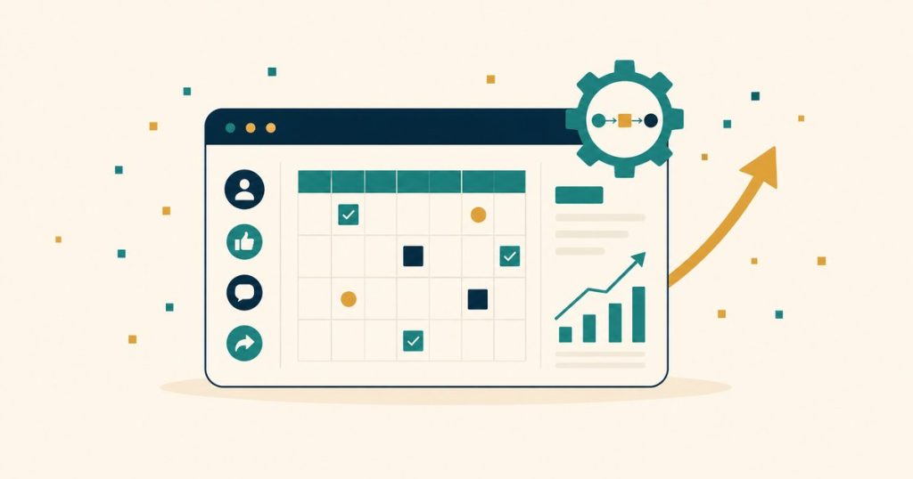 Social media planner dashboard with calendar, automation gear and rising gold arrow