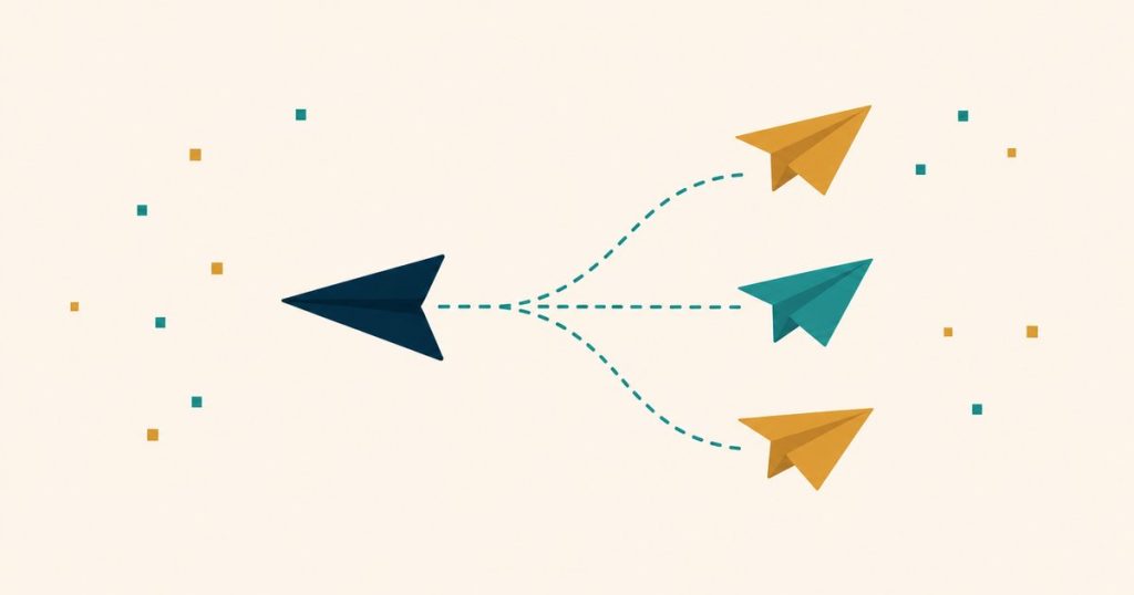 One paper plane splitting into three — viral sharing loop turning every visitor into more