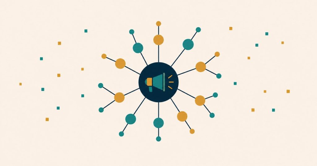 Megaphone at the center of a spreading network of nodes — viral marketing amplification