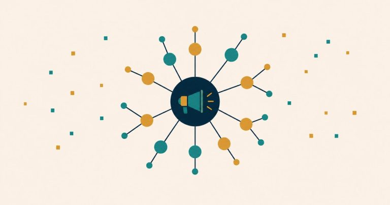 Megaphone at the center of a spreading network of nodes — viral marketing amplification
