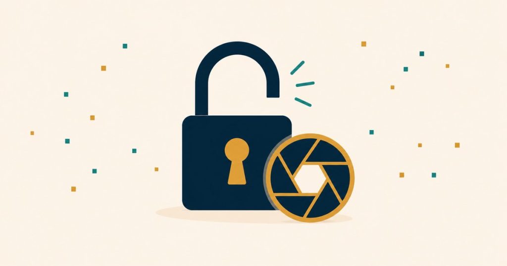 Unlocked padlock beside a camera aperture lens — recovering a banned Instagram account