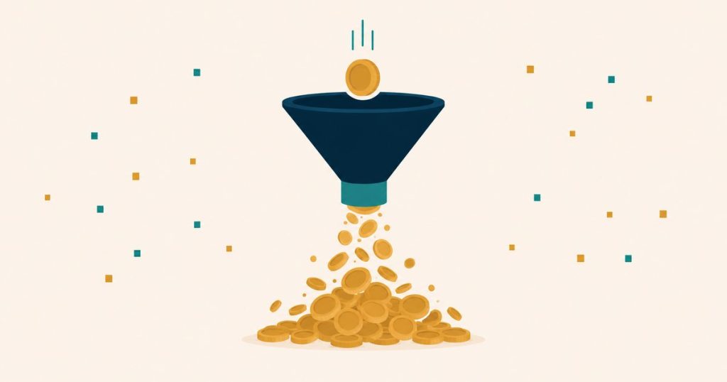 A single gold coin dropping into a funnel and pouring out as a huge pile of coins — UpViral's viral referral multiplier