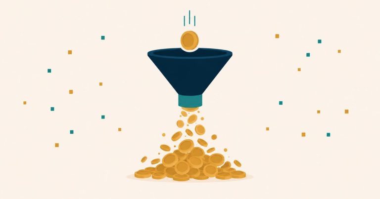 A single gold coin dropping into a funnel and pouring out as a huge pile of coins — UpViral's viral referral multiplier