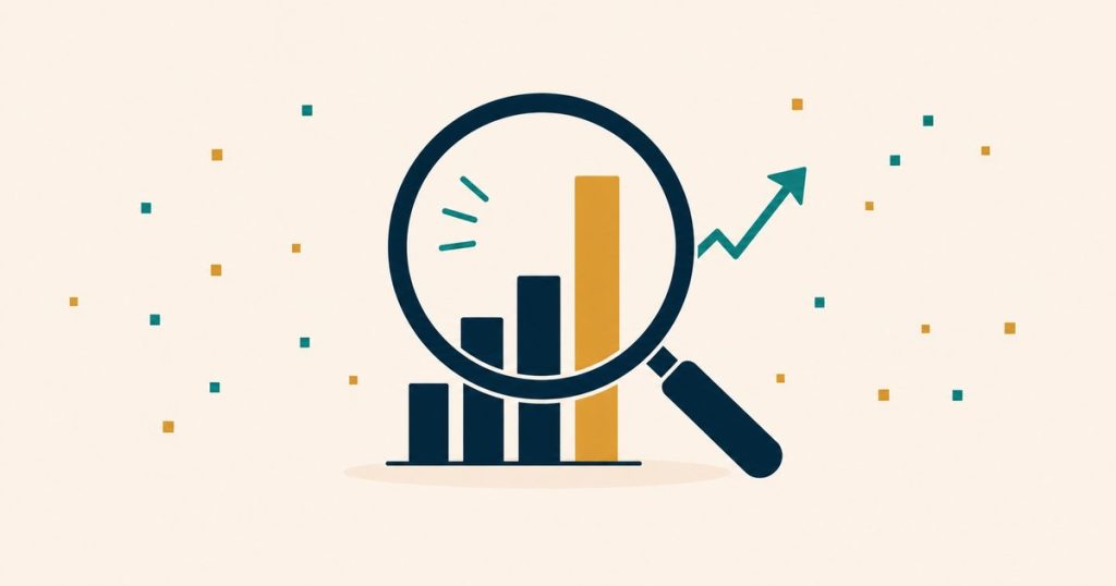 Magnifying glass analyzing a bar chart with a rising arrow — YouTube keyword research and analytics