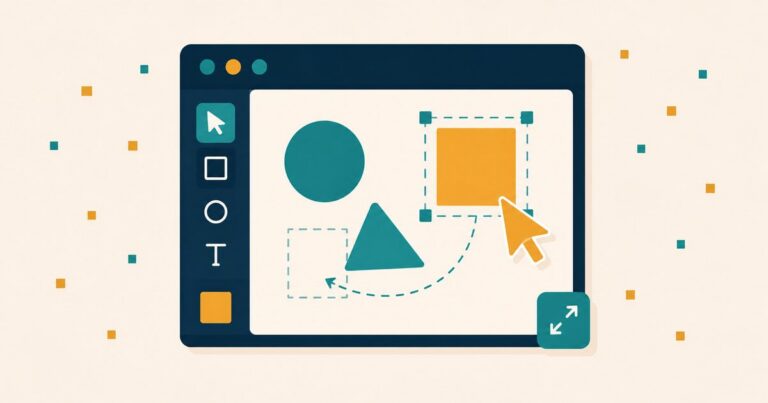 A navy tablet displaying a minimal teal and gold page layout, beside three floating palette swatch squares in navy, teal and gold — designing a digital product in a drag-and-drop tool like Canva