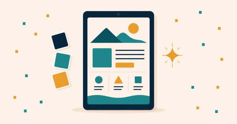 A navy tablet standing upright showing a clean minimal layout, flanked by three color palette swatches and a gold sparkle — a premium-looking digital product shop aesthetic