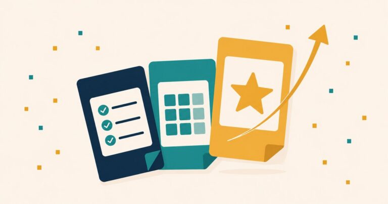 Three flat product cards fanned in a row — a navy checklist card, a teal template-grid card, and a taller gold star card with a rising arrow, showing digital products sorted by earning potential