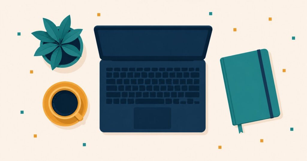 A tidy flat-lay from above — a navy laptop, a gold coffee cup, a teal notebook and a small plant on a cream surface — the faceless lifestyle aesthetic