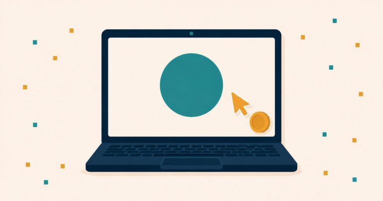 A navy laptop with a blank teal circle where a face would be on screen, a gold cursor and coin beside it — earning online without showing your face