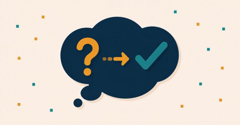 A navy thought bubble containing a gold question mark transitioning into a teal checkmark — skepticism turning into understanding about faceless digital marketing