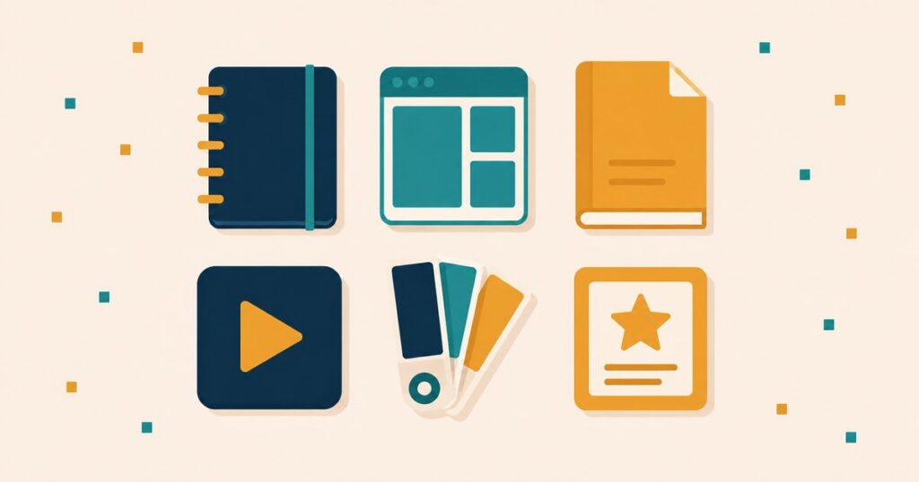 Six flat digital product icons — a navy planner, a teal template grid, a gold ebook, a navy play button, a color palette, and a gold star card — a catalogue of faceless products