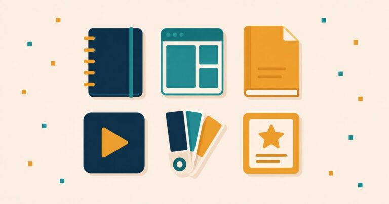 Six flat digital product icons — a navy planner, a teal template grid, a gold ebook, a navy play button, a color palette, and a gold star card — a catalogue of faceless products