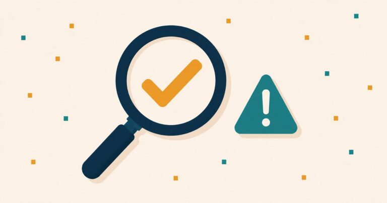 A navy magnifying glass over a gold checkmark beside a teal warning triangle — weighing what's legit against what's hype in faceless digital marketing
