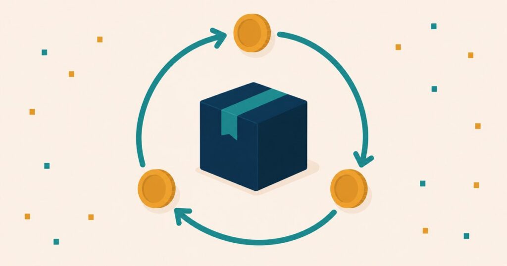 A navy product box at the center of a teal circular loop arrow with three gold coins traveling around it — one digital product generating repeating passive-income sales