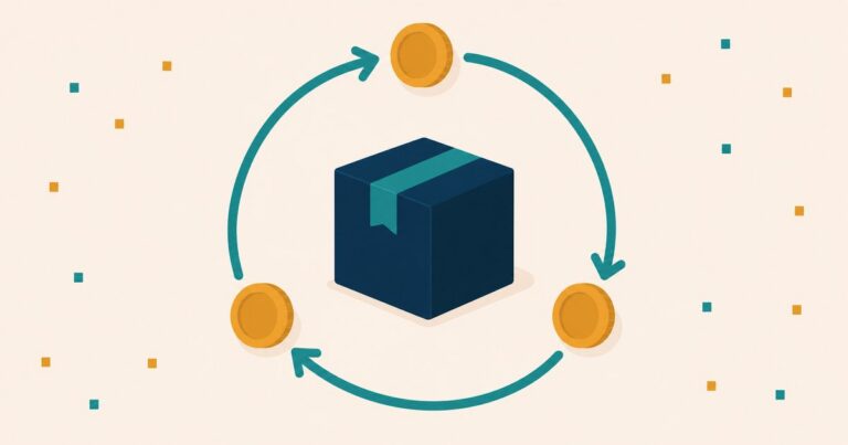 A navy product box at the center of a teal circular loop arrow with three gold coins traveling around it — one digital product generating repeating passive-income sales