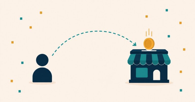A single navy figure standing alone on the left, a teal dashed line arcing across to a navy storefront on the right with a gold coin dropping in — making a first sale with no audience